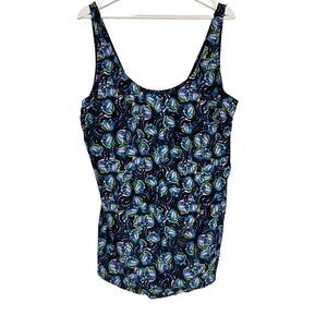 Blair Womens One Piece Swimsuit 22W Blue Black Floral Lined Tummy Control